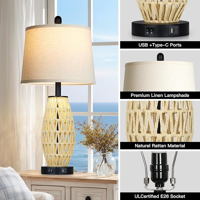 27“ Beige Boho Rattan Table Lamps with Night Light, Natural Bedroom Lamps Set of 2 with USB A+C Charging Ports, Rustic Farmhouse Woven Wicker Bedside Nightstand Lamp for Living Room End Tab - Bloomnest