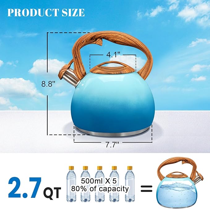 GGC Tea Kettle for Stove Top, 3.1QT/3L Whistling Tea Kettles for Boiling Water Coffee or Milk, Gradient Blue Tea Pot with Wood Parttern Handle, Stainless Steel Tea Pots for Home and Kitchen - Bloomnest