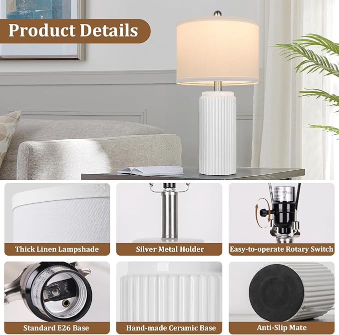 TOBUSA 23.5’’ Modern White Ceramic Lamps Set of 2, Living Room Retro Side Table Lamps, Farmhouse Bedside Nightstand White Lamps for Bedroom with Linen Shade, Elegant Decor Lamp Sets for Home Office - Bloomnest