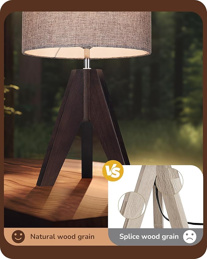 EDISHINE Boho Small Table Lamp, Walnut Color Wooden Tripod Bedside Lamp, Farmhouse Nightstand Lamp for Nursery, Bedroom, Office, Kid Room, Living Room, Grey Linen Lampshade, E26 Socket, 14.2 Inch - Bloomnest