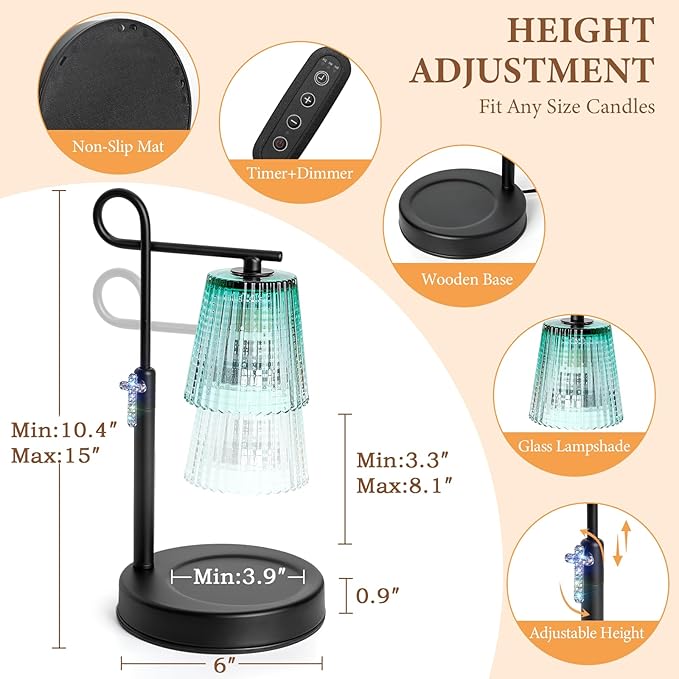 Candle Warmer Lamp with Timer Dimmer, Adjustable Height Wax Warmer Lamp for Jar Candle, Wax Melter House Warming Gifts New Home Décor, Birthday Gifts for Women Mom (Black) - Bloomnest