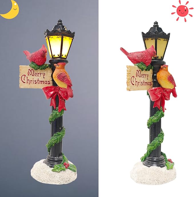 Red Cardinals on Christmas Lamp Post - Battery Powered LED Lighted Bird Sculpture - Holiday Home Decor Gift - Bloomnest