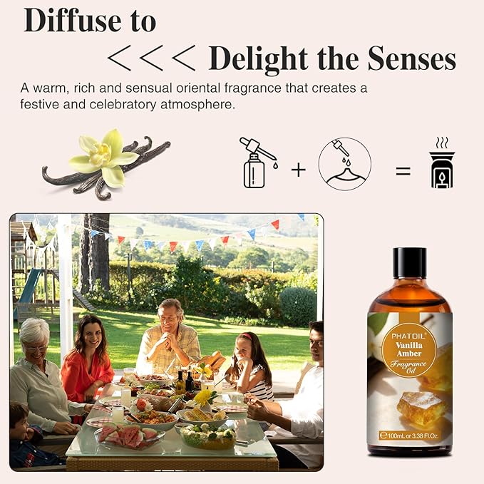 PHATOIL 3.38FL.OZ Vanilla Amber Fragrance Oils for Aromatherapy, Essential Oils for Diffusers for Home, Perfect for Diffuser, Yoga, Skin Care, DIY Candle and Soap Making - 100ml - Bloomnest