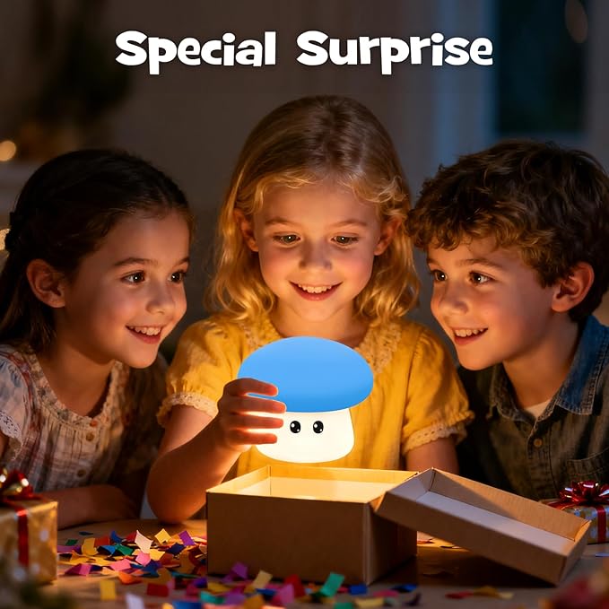Squishy Big Eyes Mushroom Night Light with RGB Mode 3 Brightness Adjustable Nursery Breastfeeding Nightlight Cute LED Blue Mushroom Lamp Rechargeable Silicone Touch Bedside Lamp for Bedroom Dorm Decor - Bloomnest