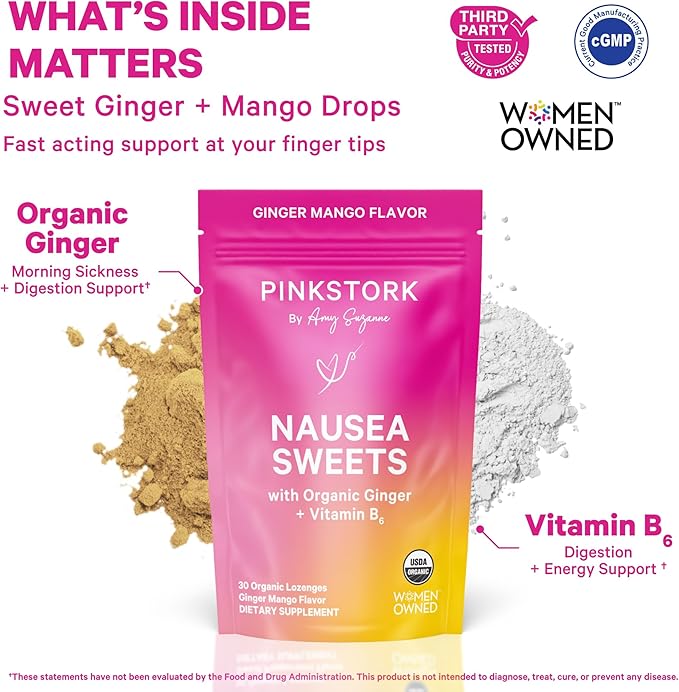 Pink Stork Organic Mango Sweets with Vitamin B6 for Morning Sickness and Motion Sickness, Added Ginger & Vitamin B6, 1st Trimester Pregnancy Must Haves - 30 Wrapped Candies - Bloomnest