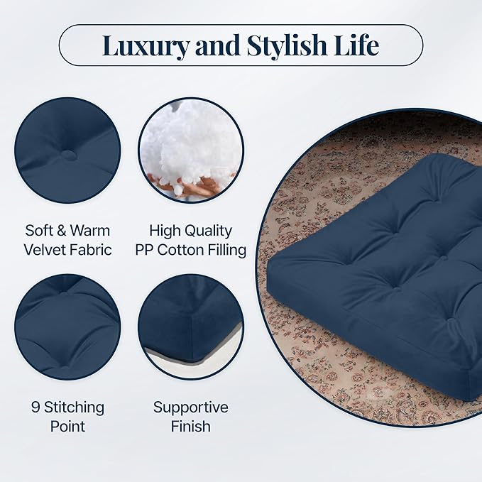 Velvet Floor Pillow Set of 2, Square Large Pillows Seating for Adults, Navy Tufted Cushions for Meditation, Yoga Tatami Living Room Chair, Machine-Washable & Dryer-Safe, Navy, 22x22 Inch - Bloomnest
