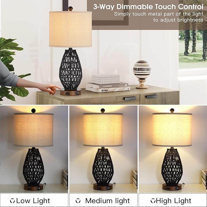 Touch Control Rattan Table Lamps, 3 Way Dimmable Bedside Lamps for Bedroom Set of 2 with 2 USB Ports and AC Outlet, Black Wicker Nightstand Lamps for Living Room (LED Bulbs Included) - Bloomnest