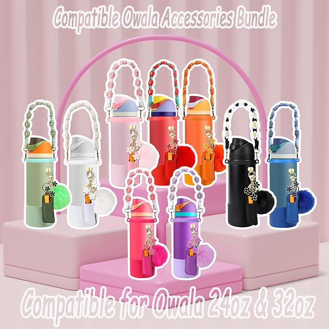 Compatible for Owala Accessories Bundle: Silicone Boot for 24oz & 32oz Bottles, Charms, Handle, Strap, Rubber Bottoms, and Decorative Add-ons for Your Compatible for Owala Water Bottle, Denim Bloomnest