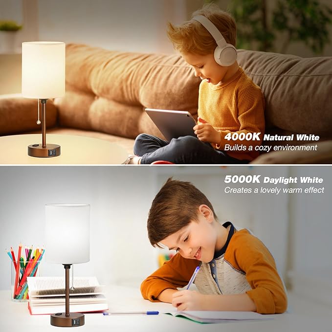 Dicoool Small Bedside Table lamp for Bedroom - 3 Color Temperatures Brown Bedside Lamps with USB C and A Ports, Pull Chain Table Lamps with AC Outlet, Black Nightstand Lamps for Kids Reading Study - Bloomnest