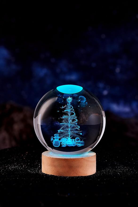 Christmas Crystal Ball lamp,3.15 inch K9 3D Christmas Tree Night Light with Wooden Base,Christmas Gift for Friends,Christmas Decorations,16 Colors Change with Remote Control (G) - Bloomnest