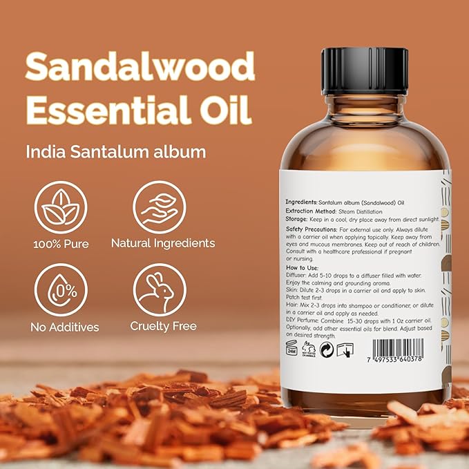 Sandalwood Essential Oil 4 Oz, 100% Pure Sandalwood Oil for Diffuser, Skin, Hair, Body & Face, Perfume Base Note for Men & Women, Aromatherapy & Massage - Bloomnest