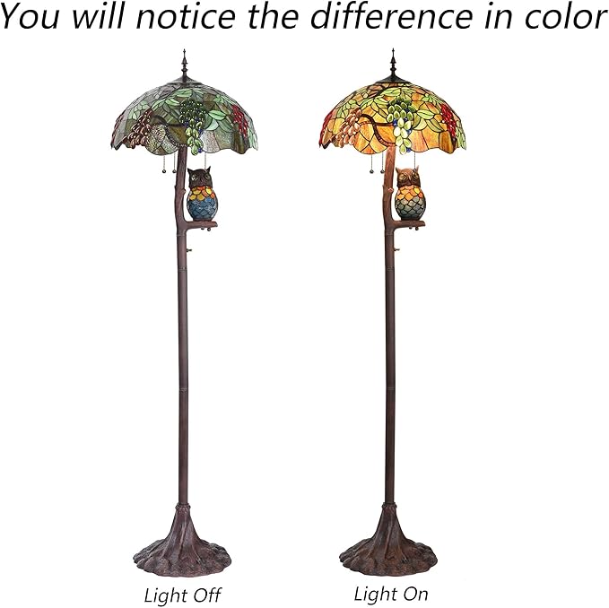 Bieye L10766 Grapes Tiffany Style Stained Glass Double-Lit Floor Lamp with Owl Night Light, 18" Wx65 H - Bloomnest