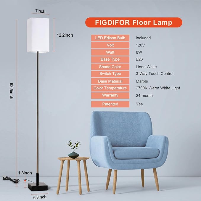 Floor Lamp, 3-Way Touch Control Dimmable Standing Lamp with Sturdy Marble Base, Brushed Nickel Touch Floor Lamp Tall Lamp with Square Linen Shade for Living Room, Bedroom, LED Bulb Included - Bloomnest