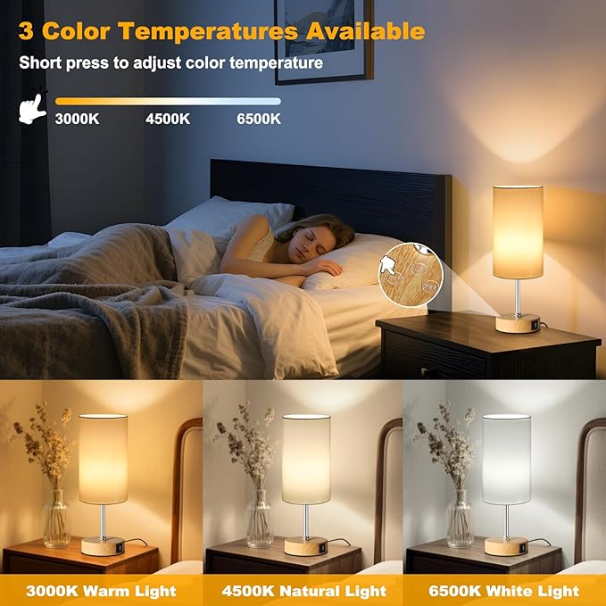 Unicozin Small Table Lamp, 3CCT & 7 RGB Color Changing, Dimmable Nightstand Lamp with Wood Grain Base, Touch Bedsides Lamp for Bedroom, Office, Kids Room, Nursery, Party, White Shade - Bloomnest