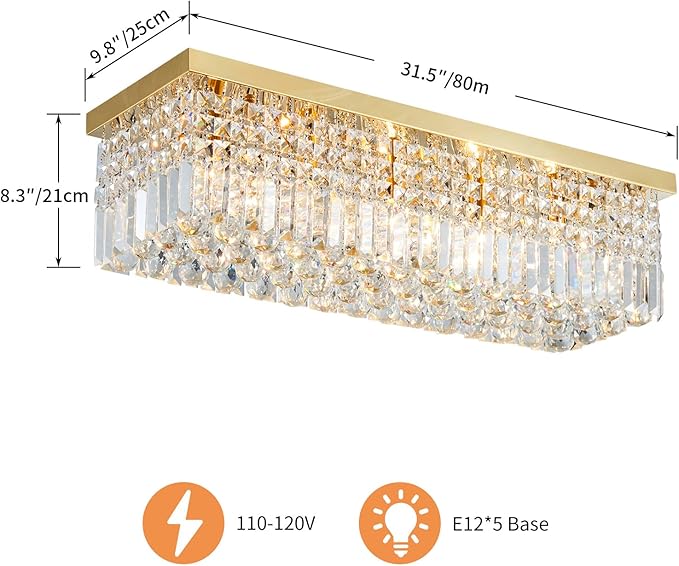 Saint Mossi 5-Lights Modern K9 Crystal Chandelier Light Fixture, Flush Mount Chandelier for Dinning Room, H9 x W10 x L31, Clear Crystal & Gold Finish - Bloomnest