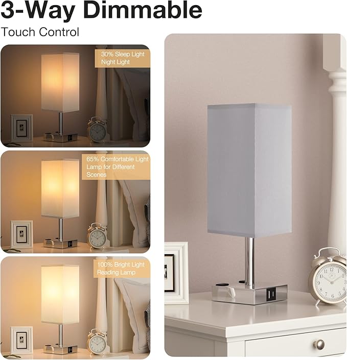 【Upgraded】Bedside Table Lamp Touch Control, with USB C+A Charging Ports & Dual AC Outlets, 3-Way Nightstand Lamp for Bedroom with LampShade Living Room Office(LED Dimmable Bulb Included) - Bloomnest