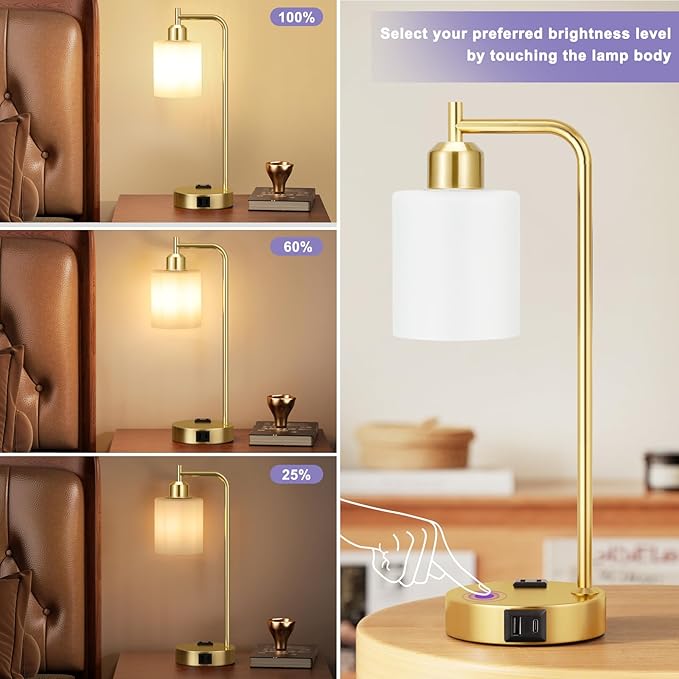 Innqoo Industrial Gold Table Lamps for Bedrooms Set of 2-3-Way Dimmable Desk Lamp with USB C+A Ports and Outlet, Gold Lamps with Opal Glass Shade for Living Room, Desk Lamps for Home Office - Bloomnest