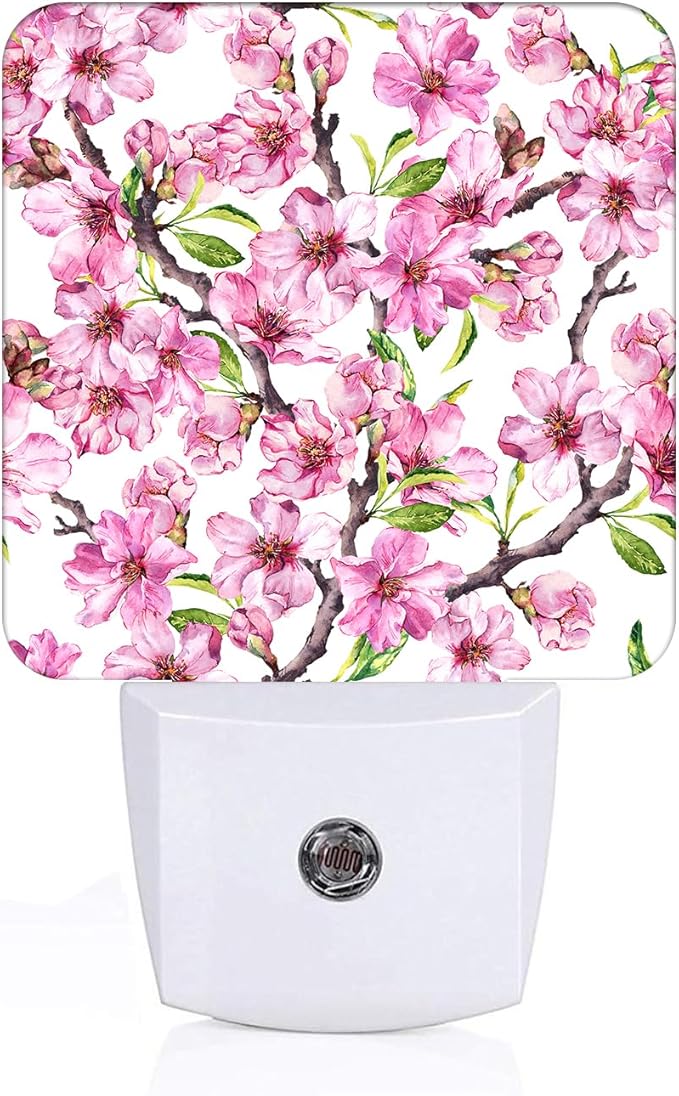 Spring Flowers Blossom Night Light,Plug Into Wall for Boys Girls Bedroom Decorative Square Night Light Lamp 0.5w Sleep Friendly