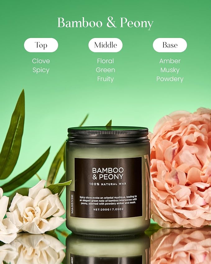 M&SENSE Bamboo Peony Spring Jar Candles for Home Scented Natural Organic Soy Candle Gifts for Women, 7.05oz 50 Hour Hours Burn Fresh Smelling Aromatherapy Gifts for Stress Relief - Bloomnest
