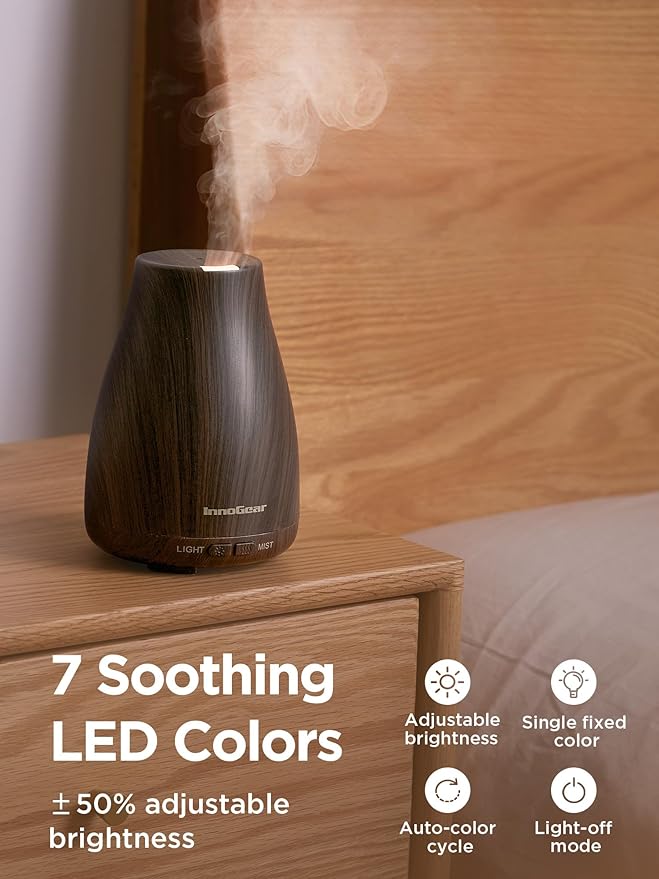 InnoGear Essential Oil Diffuser, Ultrasonic Diffusers for Home Aromatherapy Humidifier for Bedroom Room 7 Colors LED 2 Mist Mode Auto Off, Brown - Bloomnest
