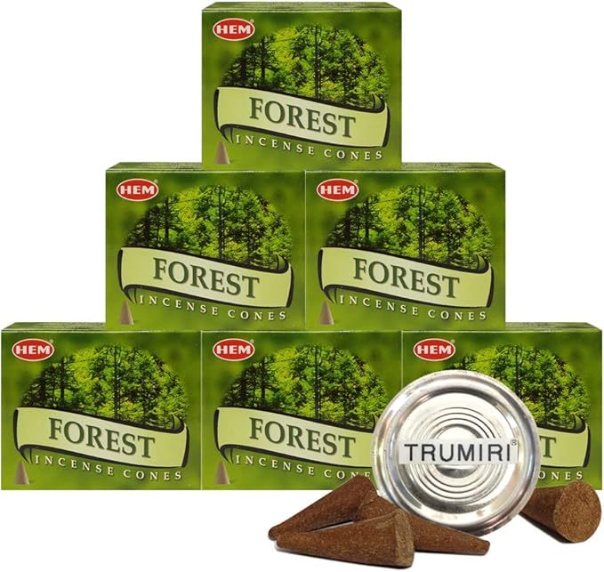 TRUMIRI Incense Cone Holder Bundle with Hem Forest Incense Cones - Pack of 6 (Approx 60 Cones) TRUMIRI