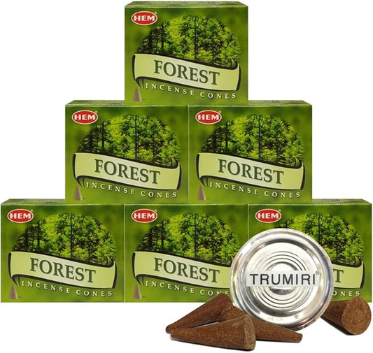 TRUMIRI Incense Cone Holder Bundle with Hem Forest Incense Cones - Pack of 6 (Approx 60 Cones) TRUMIRI