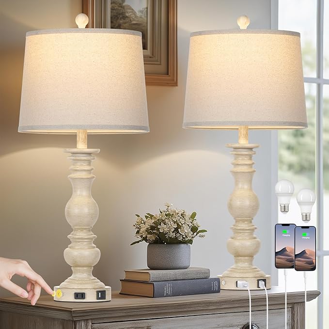 28" Farmhouse Table Lamps Set of 2 with USB C+A Ports & AC Outlet for Vintage Living Room Retro Bedroom,3-Way Dimmable Touch Lamp Resin Bedside Lamps for Nightstand Side End Table, Beige - Bloomnest