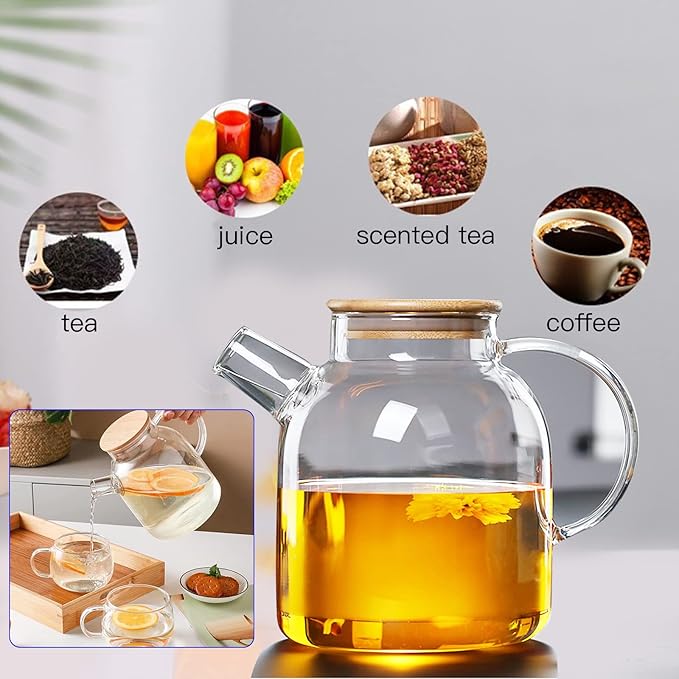 Glass Teapot 50.7oz/1500ml, Stovetop & Microwave Safe Borosilicate Tea Pot,Clear Teapot with Strainer, Glass Tea Kettle with Wooden Lid for Loose Leaf、Fruit Tea and Fragrant Tea - Bloomnest