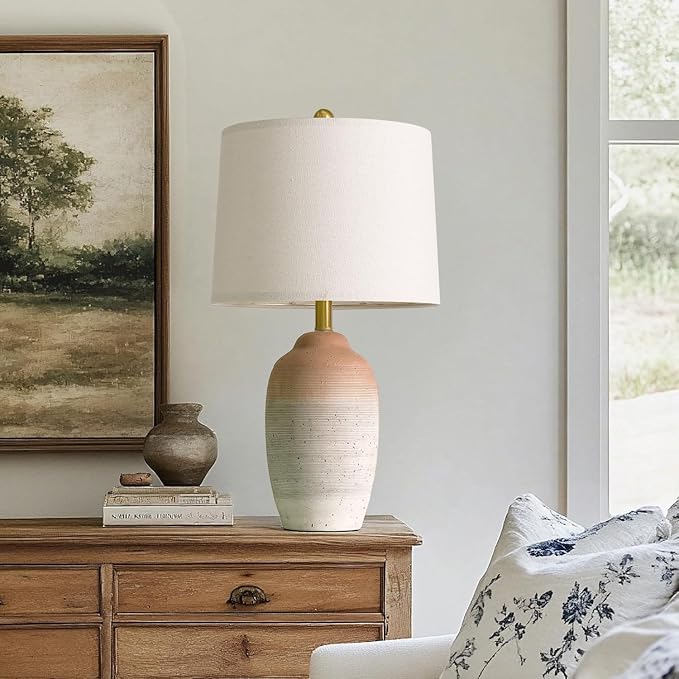 24.5" Vintage Ceramic Table Lamp - Single Farmhouse Rustic Bedside Lamp with Natural Textured Finish, Nightstand Lamps for Living Room, Bedroom, End Table, Office White and Brown - Bloomnest
