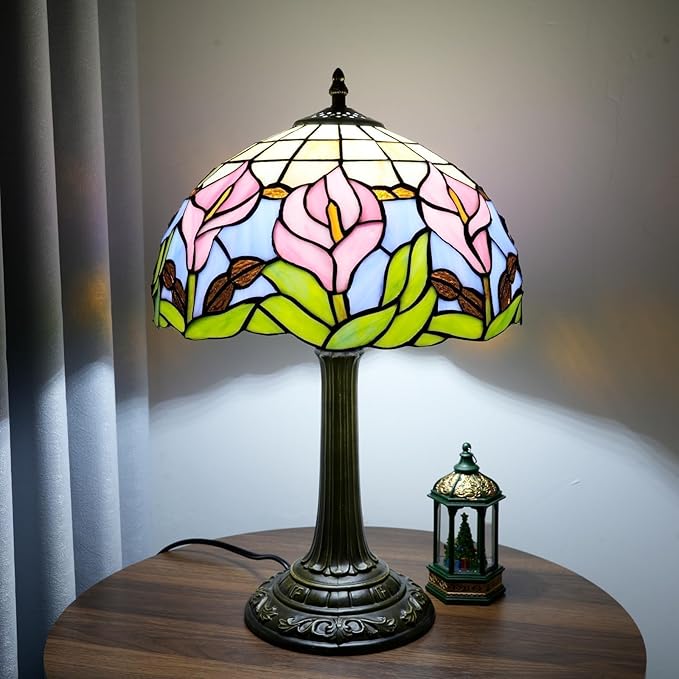 Tiffany Lamp 12 Inch Blue Pink Calla Lily Victorian Stained Glass Table Lamp Antique Bedside Reading Lamp For Bedroom Nightstand Office Light Dorm Room Decor Tiffany Style Retro Home Decoration Gifts - Bloomnest