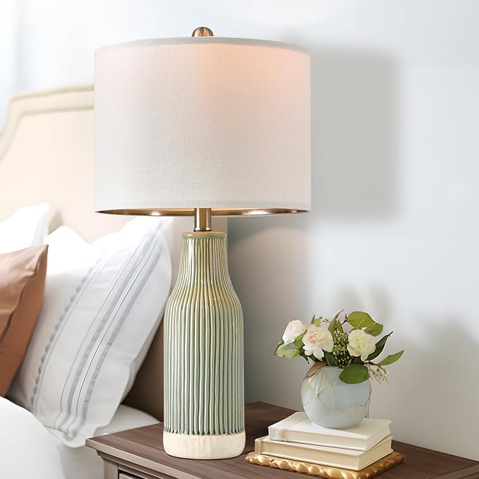 23.75" Modern Green Ceramic Table Lamp Set of 2 for Living Room, Farmhouse Bedside Nightstand Lamp for Bedroom Home Office Dorm - Bloomnest