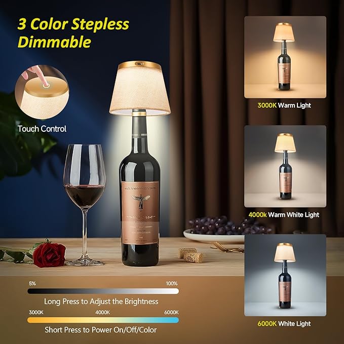 2025 New Bottle Lamp - LED Bottle Lights for Liquor & Wine Bottles, Cordless Lampshade, Whiskey Bottle Top Light, Bottle Stopper Night Light Kit, Rechargeable 3-Tone Touch-Dimmable - Bloomnest