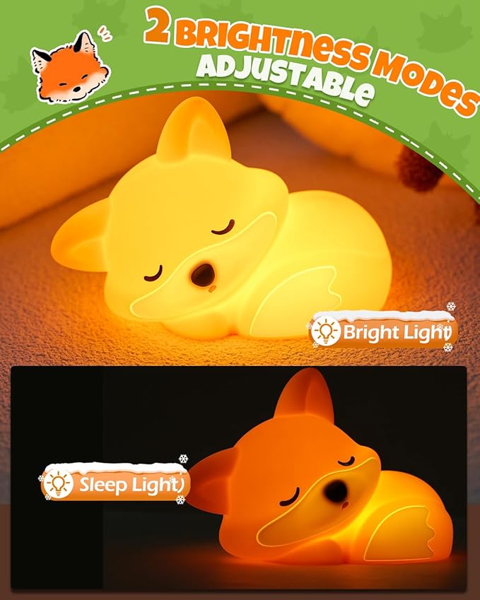 Cute Fox Night Light, Animal Lamp, Food Grade Silicone, Rechargeable, 2 Level Dimmable, Squishy Nursery Nightlight for Desk Decor, Funny Gifts Stuff for Boys Girls Baby, White Elephant Gifts - Bloomnest