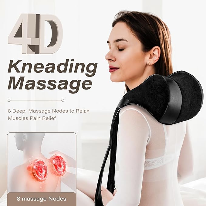 Shiatsu Electric Neck Back Massager Pillow 3D Kneading with Heat for Shoulder, Lower Back, Foot, Leg Muscles Pain Relief Relax in Car Office and Home (Black)