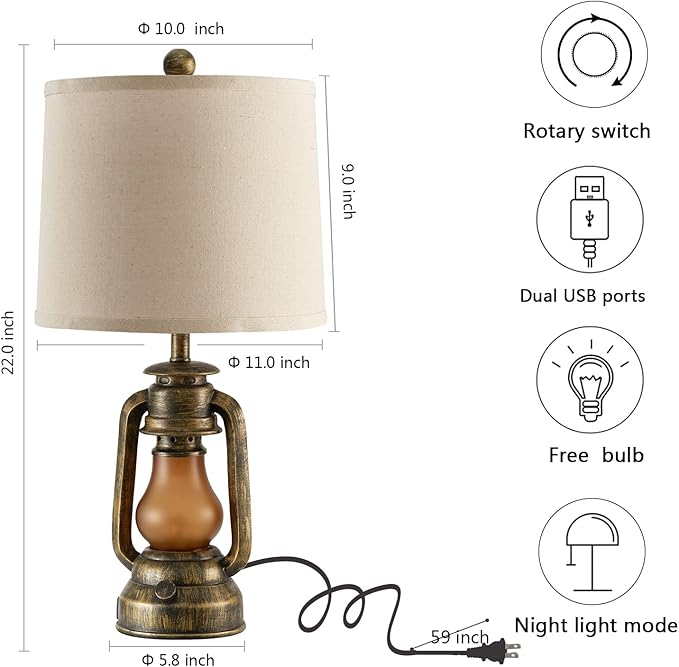 RORIANO Set of 2 Farmhouse Lantern Table Lamps for Living Room with 2 USB Charging Ports, Rustic Vintage Nightstand Lamps with Nightlight for Bedroom End Table Entryway, 4 Bulb Included - Bloomnest