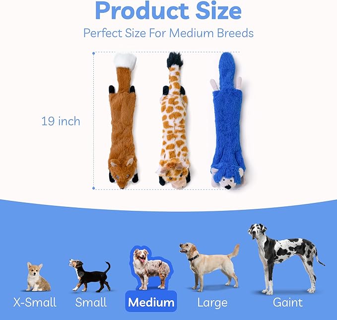 SHARLOVY Dog Squeaky Toys No Stuffing 3 Pack, Plush Crinkle Dog Toys for Large Breed, Durable Doggie Chew Cute Animals Puppy Toy for Teething - Bloomnest