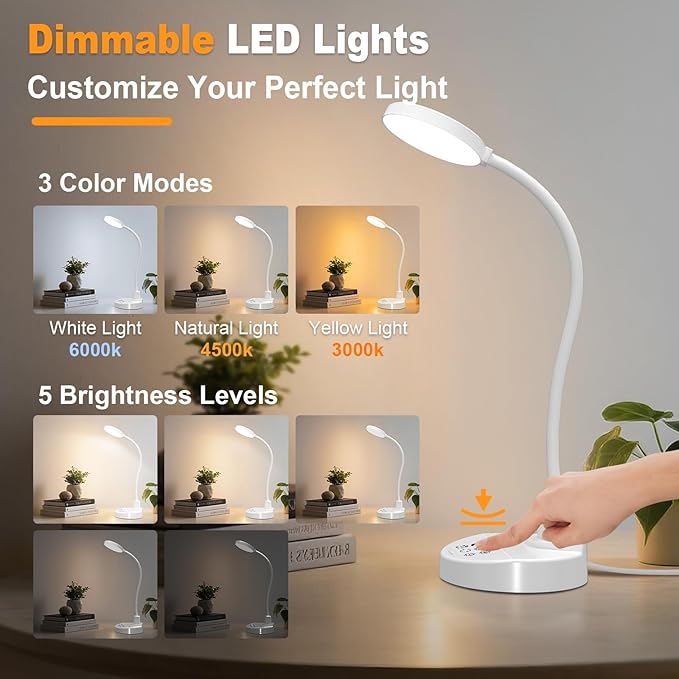 15W LED Desk Lamp with USB Charging Ports – Dimmable Table Lamp with 3 Color Temps, 5 Brightness, 4 Timers, Flexible Gooseneck Light with Base, Eye-Caring Reading Light for Home Office, Bedroom, Study - Bloomnest