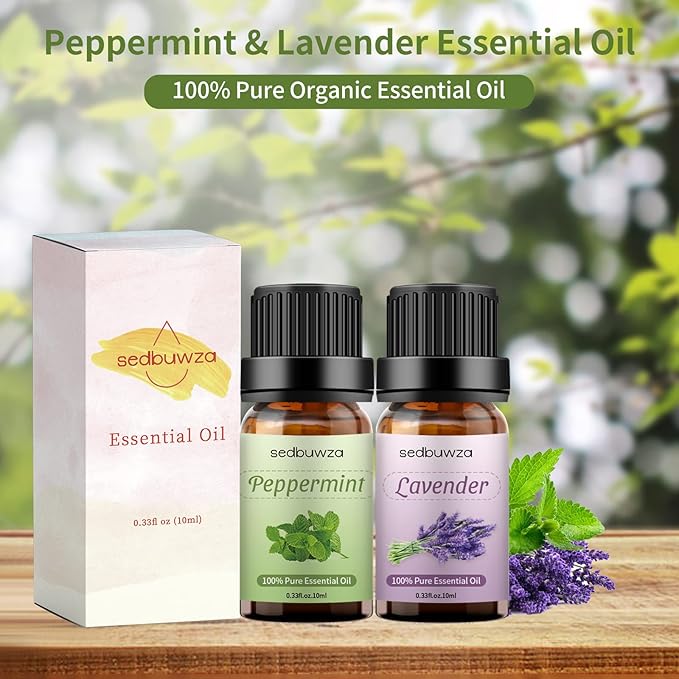 Sedbuwza Lavender Peppermint Essential Oil Set, Lavender Fragrance Oil Peppermint Scent Oil Set for Diffuser, Aromatherapy, Massage, Soap, Candle Making 2 x 10 ml Sedbuwza