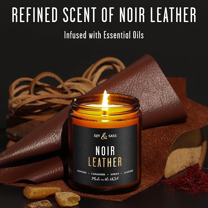 Noir Leather Candle I Scented Black Candles for Men or Women - Leather, Cardamon & Jasmine Soy Wax Mens Candle - Essential Oil Infused I Gifts for Men I Long 50Hr Burn, 9oz I Made in USA - Bloomnest