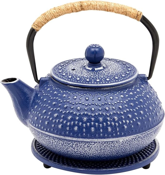 Juvale Cast Iron Teapot with Infuser - Blue, 27 oz (800 mL) - Stovetop Tea Kettle for Loose Leaf Tea - Includes Stainless Steel Infuser & Trivet - Bloomnest