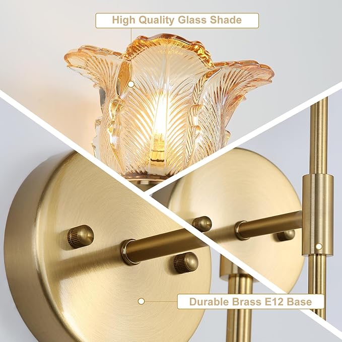 Gold Wall Sconce Set of 2 with Amber Glass Shades, Modern Mid Century Bathroom Vanity, Wall Light Fixtures Industrial, Brushed Brass Wall Lamp, for Bedroom Mirror Living Room Restaurant - Bloomnest