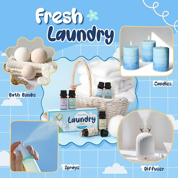 SALKING Laundry Collection Essential Oils Set, Pure Essential Oil for Diffuser, Clean Aromatherapy Fragrance Oil Gift Set, Use with Wool Dryer Balls, Citrus Clean, Lavender Fields, Still Breeze - Bloomnest