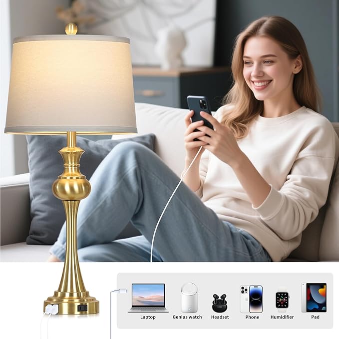 28.75" Modern Table Lamps Set of 2, Gold Bedside Lamp with USB A+C & AC Outlet,Brass Unique Desk Lamps for Living Room, Bedroom, Nightstand, End Table (2 Bulbs Included) - Bloomnest
