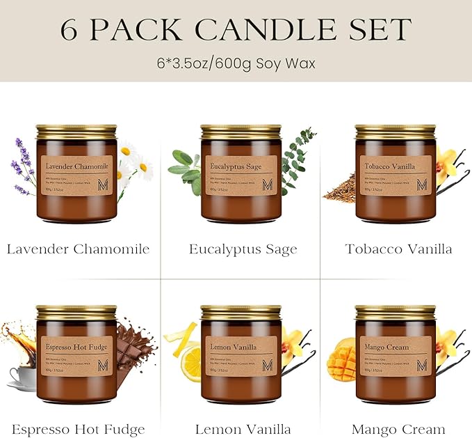 M&SENSE 6 Pack Candles Gift for Home Scented Aromatherapy Candle Set for Women Soy Wax Long Lasting Amber Jar Candles Gift for Birthday Housewarming Mother's Valentine Day - Bloomnest