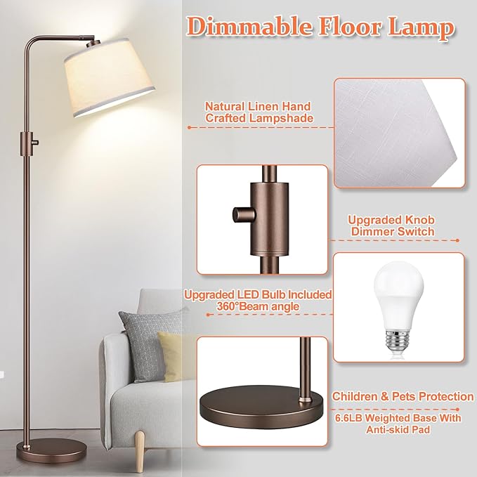 Nintiue [Upgraded] Dimmable Floor Lamp, 1000 Lumens LED Edison Bulb Included, Modern Arc Standing Tall Brown Floor Lamp for Living Room Bedroom Office Dining Room - Bloomnest