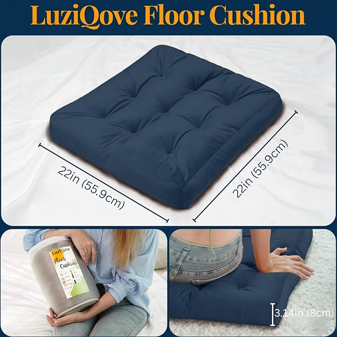 Velvet Floor Pillow,Square Large Pillows Seating for Adults, Navy Tufted Cushions for Meditation, Yoga Tatami Living Room Chair Booster Machine-Washable & Dryer-Safe, Navy, 22x22 Inch - Bloomnest