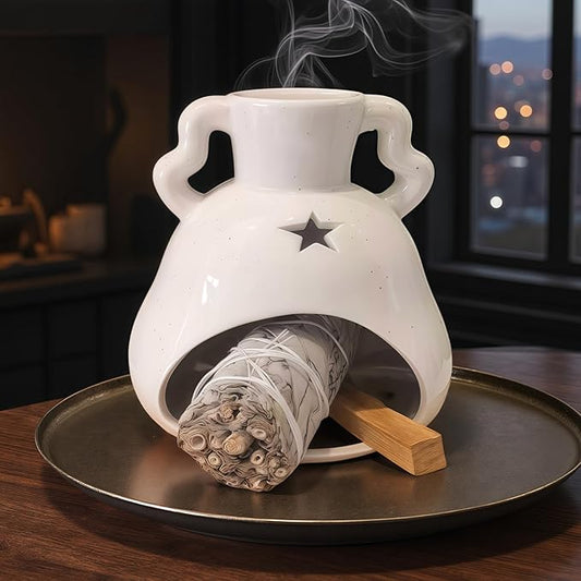 Handmade Ceramic Palo Santo Holder Burner & Sage Holder - Mini Tabletop Chiminea Burner Tray with Ash Catcher, Decorative Incense Holder for Spiritual Meditation & Yoga - Bloomnest