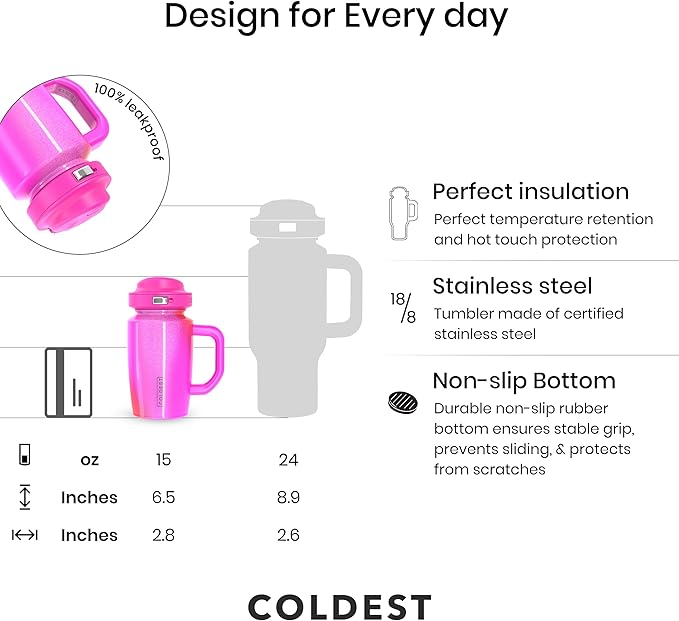 Coldest Tumbler with Handle and Coffee Lid - 100% Spill Proof Tumbler with Straw (3 Lids) - Stainless Steel Insulated Leakproof Tumblers for Women & Men - Cup Holder Friendly - 15 oz (Kissed Dream) - Bloomnest