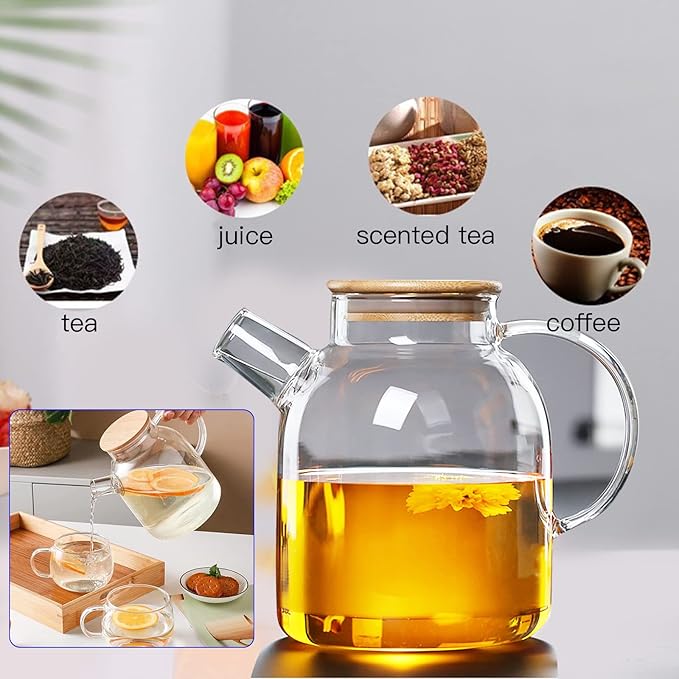 60.8oz Glass Teapot, Stovetop & Microwave Safe Glass Borosilicate Tea Pot,Clear Teapot with Strainer, Glass Tea Kettle with Wooden Lid, Loose Leaf、Fruit Tea and Fragrant Tea - Bloomnest