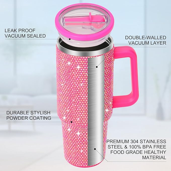 40 oz Tumbler with Handle and Flip Straw Lid, Insulated Leak Proof Double Walled Stainless Steel Rhinestone Diamond Studded Bling Travel Mug Tumblers, Maintains Cold Ice and Heat for Hours - Bloomnest